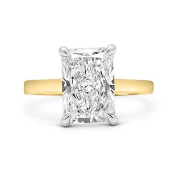 front view custom 14k gold solitaire engagement ring, cathedral setting, lab grown diamond, moissanite