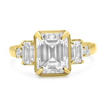 front view 14k yellow gold custom engagement, accent stones lab grown diamond, moissanite