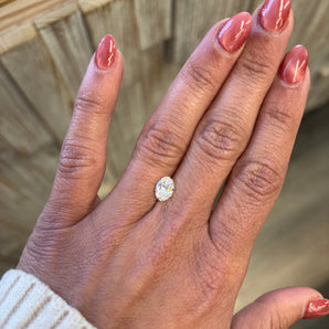Hand wearing a lab grown oval diamond ring Diamond Daughters