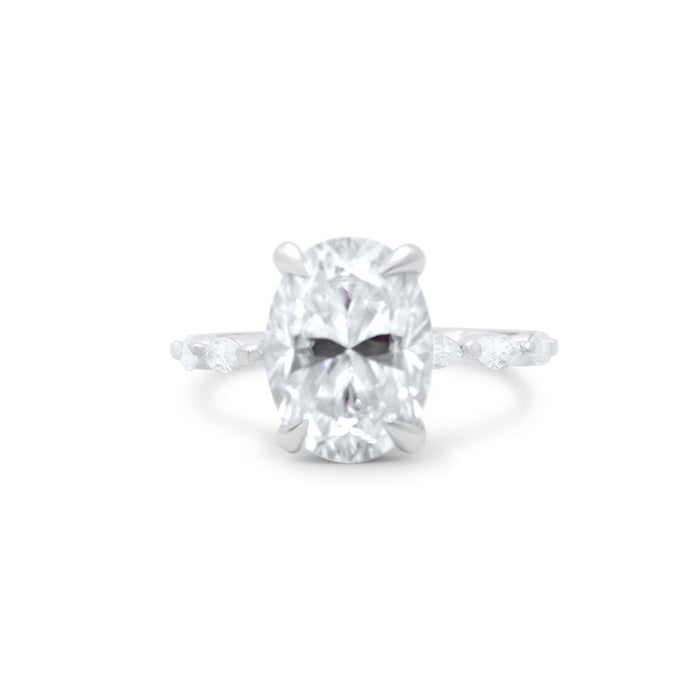 Viviana | Oval Moissanite Marquise Accent Stone Hidden Halo 14K White Gold Engagement Ring - Diamond Daughters, Front View