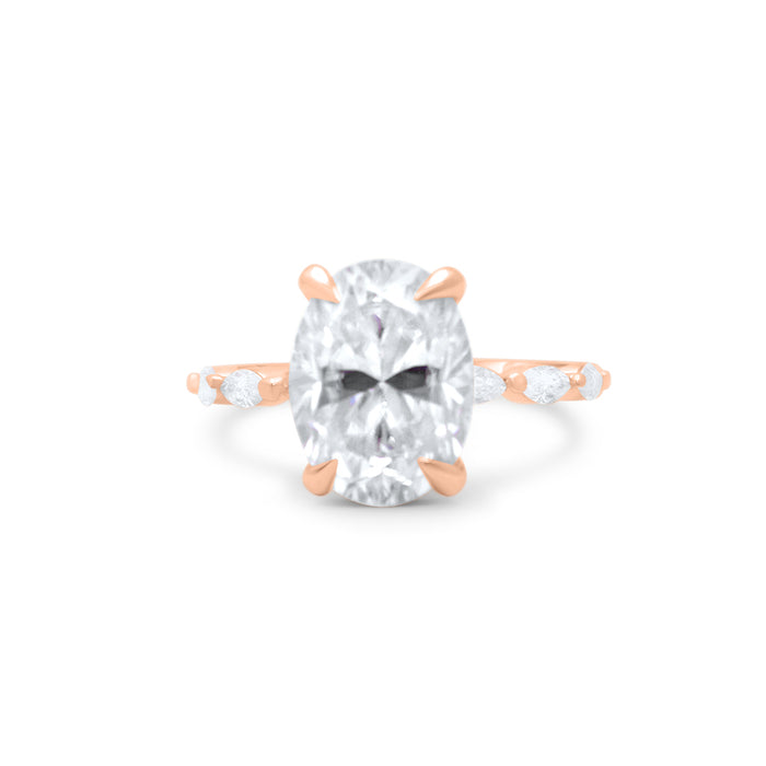 Viviana | Oval Moissanite Marquise Accent Stone Hidden Halo 14K Rose Gold Engagement Ring - Diamond Daughters, Front View