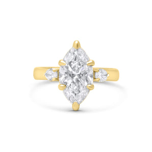 front view custom 14k yellow gold engagement ring, marquise lab grown diamond, moissanite
