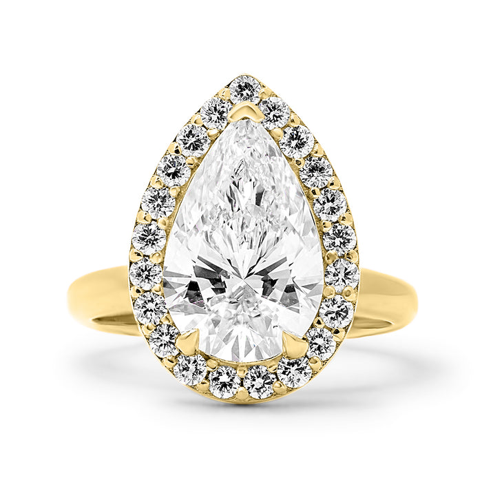 Janika | Pear Zero Gap Halo 14K Yellow Gold Engagement Ring - Diamond Daughters, Front View