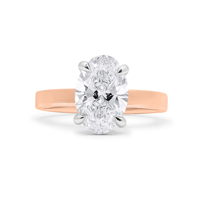 Leja| Oval Moissanite Hidden Halo Flat Shank 14K Rose Gold Engagement Ring - Diamond Daughters, Front View