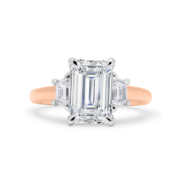 Corrine| Emerald Trapezoid Side Stone Moissanite 14K Rose Gold Engagement Ring - Diamond Daughters, Front View