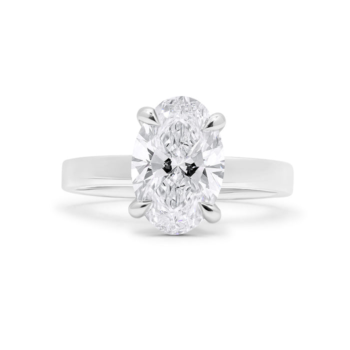 Leja| Oval Moissanite Hidden Halo Flat Shank 14K White Gold Engagement Ring - Diamond Daughters, Front View