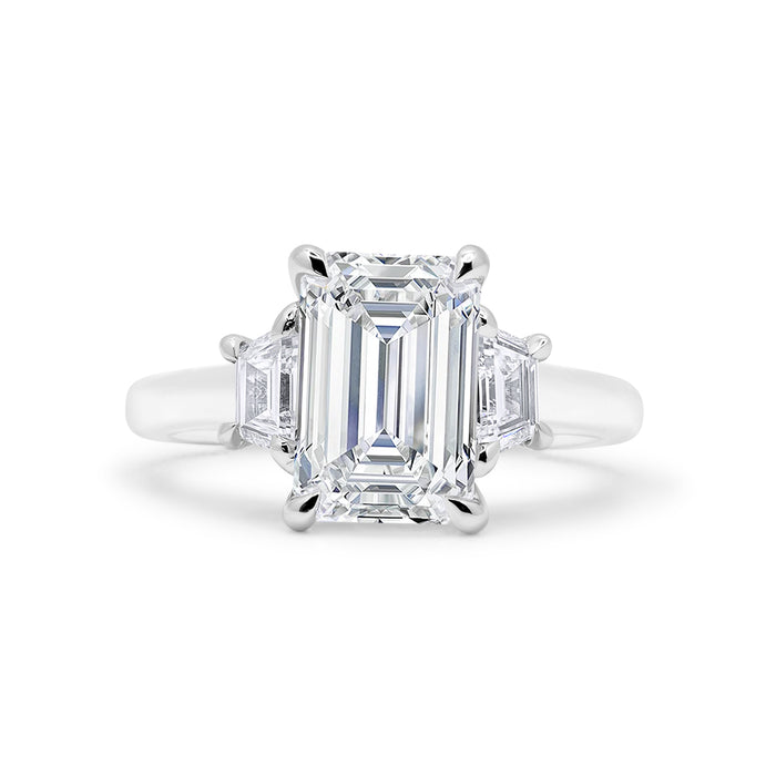 Corrine| Emerald Trapezoid Side Stone Moissanite 14K White Gold Engagement Ring - Diamond Daughters, Front View