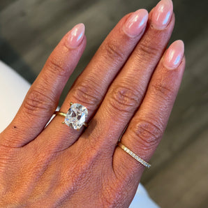 Elongated Cushion Old Mine Cut Lab Grown Diamond OMC 14k Yellow Gold Engagement Ring wore on hand, custom engagement rings San Diego, CA