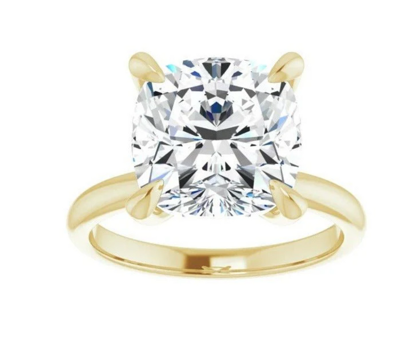 Cushion Moissanite Solitaire 14K Yellow Gold Engagement Ring 9.5mm Around 4.20ct- DIamond Daughters, Front View