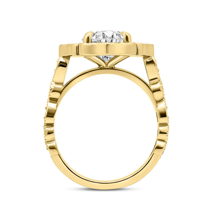 Jean | Mill Grain Halo And Shank 14K Yellow Gold Engagement Ring - Diamond Daughters, Top View