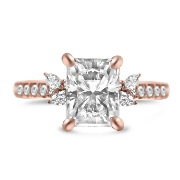 Amber | Radiant Moissanite Pave Pear And Round Oval Accent 14K Rose Gold Engagement Ring - Diamond Daughters, Front View