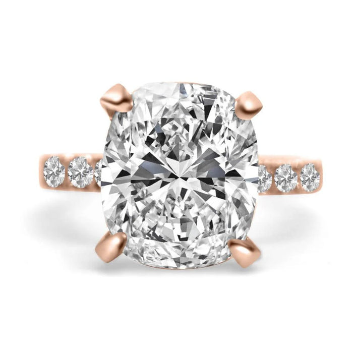 Anna | Elongated Cushion Cut Hidden Halo Accent Stones On Shank And Prongs 14K Rose Gold Engagement Ring - Diamond Daughters, Front View