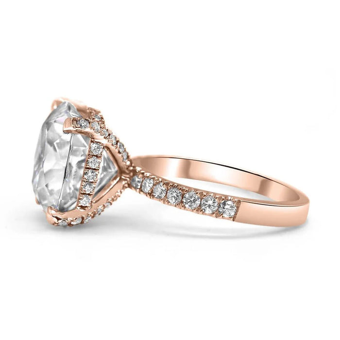 Anna | Elongated Cushion Cut Hidden Halo Accent Stones On Shank And Prongs 14K Rose Gold Engagement Ring - Diamond Daughters, Side View