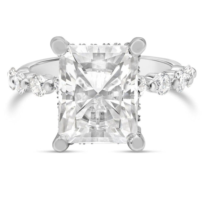 Brooke | Radiant Moissanite Hidden Halo Accent Stone 14K White Gold Engagement Ring - Diamond Daughters, Front View