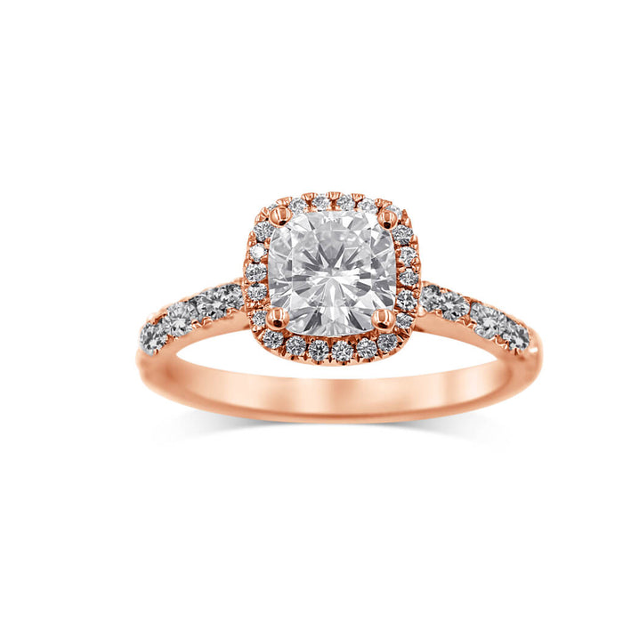 Cristal | Cushion Moissanite Halo Pave 14K Rose Gold Engagement Ring - Diamond Daughters, Front View