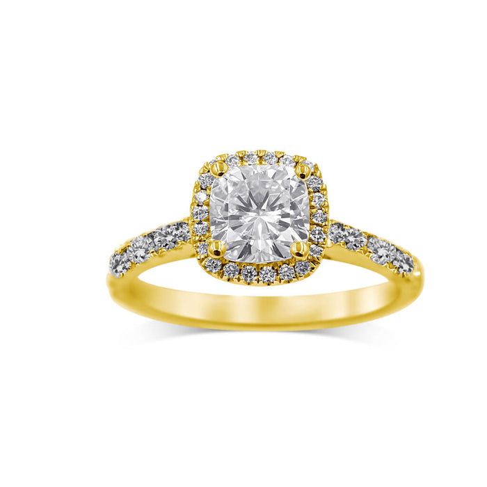 Cristal | Cushion Moissanite Halo Pave 14 Yellow Gold Engagement Ring - Diamond Daughters, Front View 