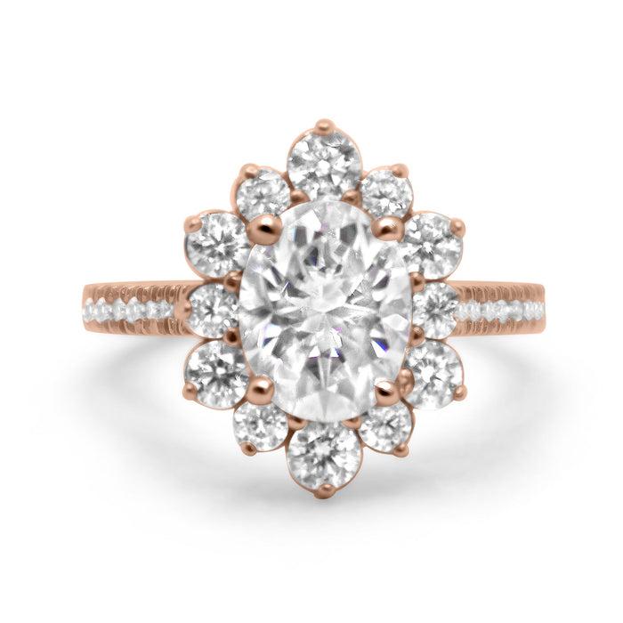 Emilia | Oval Halo Moissanite  Shank Accent Stones 14K Rose Gold   Engagement Ring - Diamond Daughters, Front View