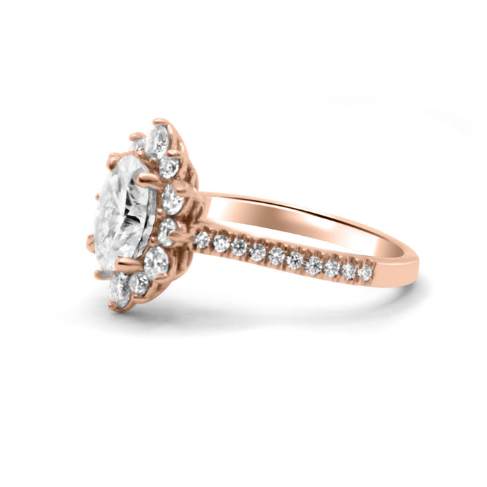 Emilia | Oval Halo Moissanite Shank Accent Stones 14K Rose Gold  Engagement Ring - Diamond Daughters, Side View