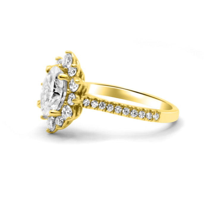 Emilia | Oval Halo Moissanite Shank Accent Stones 14K Yellow Gold Engagement Ring - Diamond Daughters, Side View