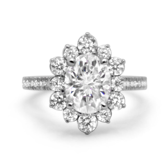 Emilia | Oval Halo Moissanite Shank Accent Stones 14K White Gold Engagement Ring - Diamond Daughters, Front View