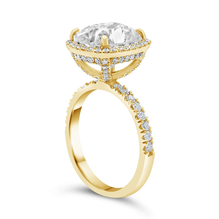 Jaymi | Elongated Cushion Halo Hidden Halo Accent And Prong Diamonds 14K Yellow Gold Moissanite Engagement Ring - Diamond Daughters, Top Side View