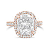 Jaymi | Elongated Cushion Halo Hidden Halo Accent And Prong Diamonds 14K Rose Gold Moissanite Engagement Ring - Diamond Daughters, Front View