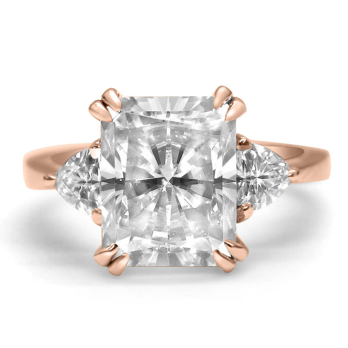 Jessica | Radiant Moissanite Two Trillion accent stones 14K Rose Gold Engagement Ring - Diamond Daughters, Front View