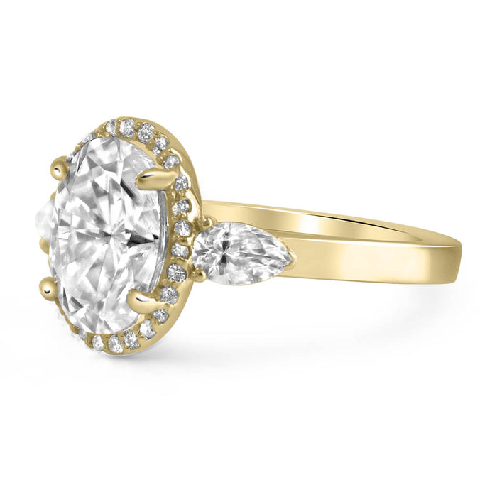 Jordyn | Oval Halo Moissanite Two Pear Accent Stone 14K Yellow Gold Engagement Ring - Diamond Daughters, Side View