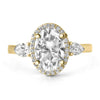 Jordyn | Oval Halo Moissanite Two Pear Accent Stone 14K Yellow Gold Engagement Ring - Diamond Daughters, Front View