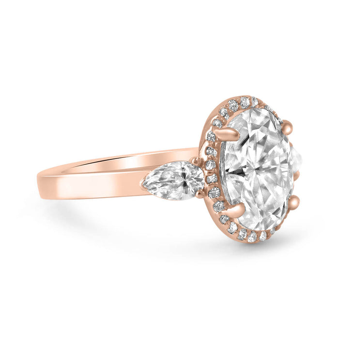 Jordyn | Oval Halo Moissanite Two Pear Accent Stone 14K Rose Gold    Engagement Ring - Diamond Daughters, Side View