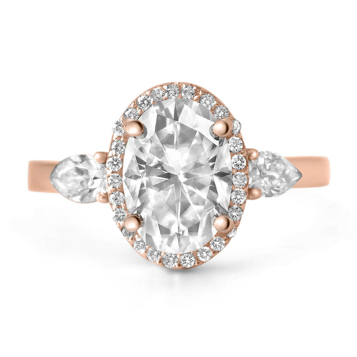 Jordyn | Oval Halo Moissanite Two Pear Accent Stone 14K Rose Gold   Engagement Ring - Diamond Daughters, Front View