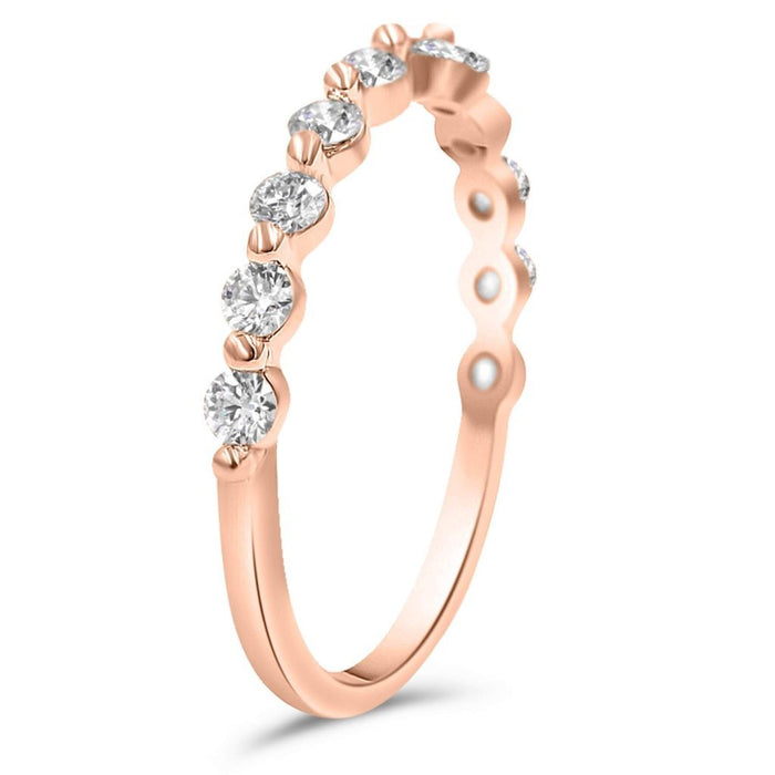 Julie |  Round Cut Moissanite 14K Rose Gold Wedding Band - Diamond Daughters, Top Side View