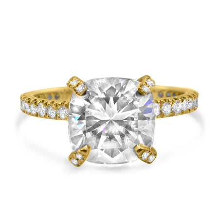 Lizette | Cushion Hidden Halo Pave Diamond Prong 14K Yellow Gold Engagement Ring - Diamond Daughters, Front View