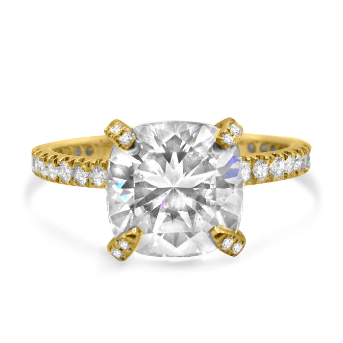 Lizette | Cushion Moissanite Pave Diamond Prong 14K Yellow Gold Engagement Ring - Diamond Daughters, Front View