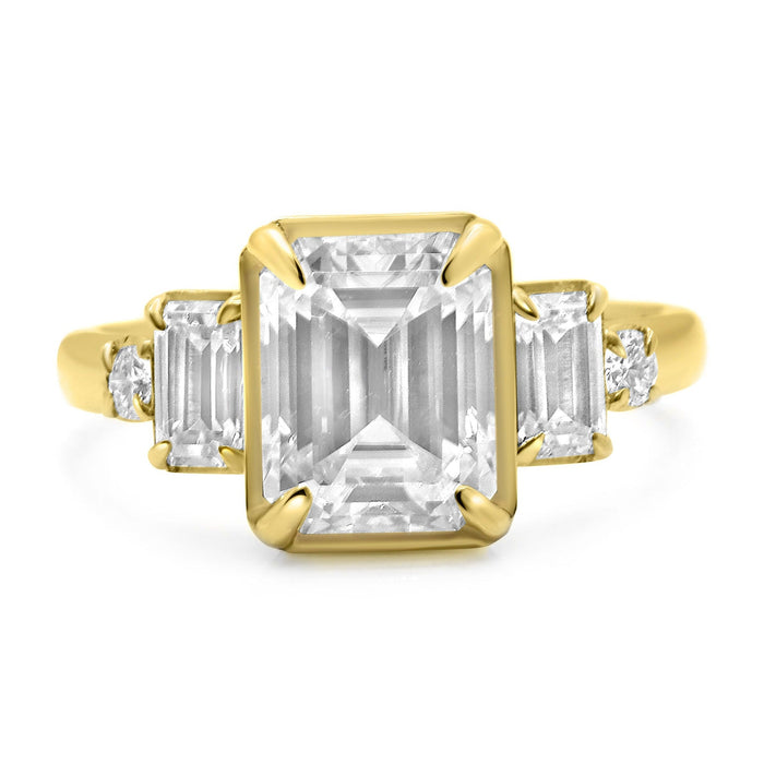 Megan | Emerald Moissanite Four Accent Stones Accent 14K Yellow Gold Engagement Ring - Diamond Daughters, Front View