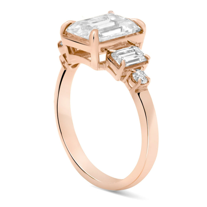 Megan | Emerald Moissanite Four Accent Stones 14K Rose Gold Engagement Ring - Diamond Daughters, Top Side View