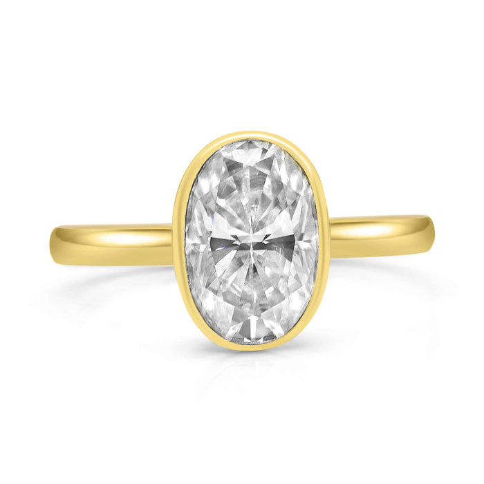 Melissa Oval |Bezeled Solitaire 14K Yellow Gold Moissanite Engagement Ring - Diamond Daughters, Front View