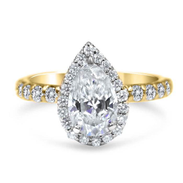 Micki | Pear Halo Pave 14K Yellow Gold Moissanite Engagement Ring - Diamond Daughters, Front View