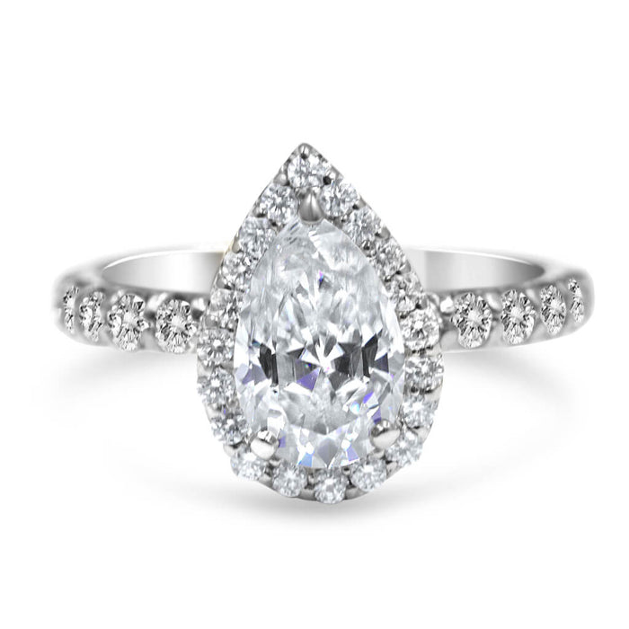 Micki | Pear Halo Pave 14K White Gold Moissanite Engagement Ring - Diamond Daughters, Front View