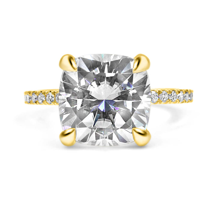 Neva | Cushion Moissanite Hidden Halo Pave 14K Yellow Gold Engagement Ring - Diamond Daughters, Front View