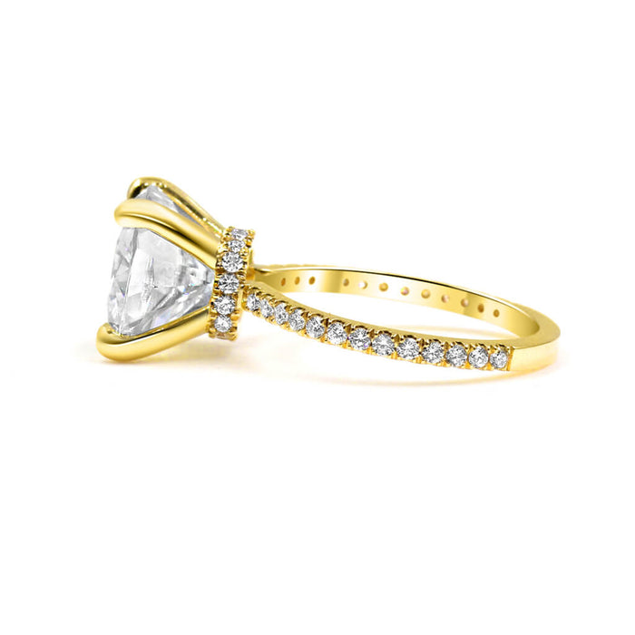 Neva | Cushion Hidden Halo Pave 14K Yellow Gold Moissanite Engagement Ring - Diamond Daughters, Side View