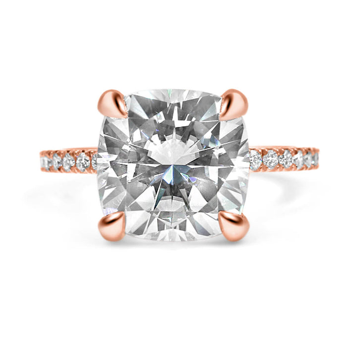 Neva | Cushion Moissanite Hidden Halo Pave 14K Rose Gold Engagement Ring - Diamond Daughters, Front View