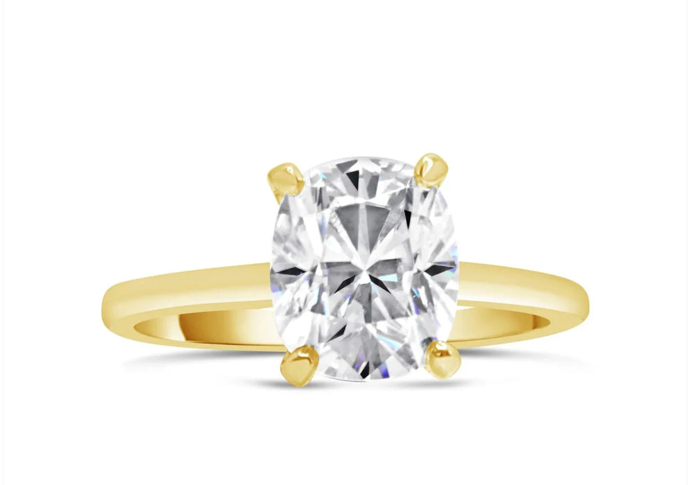 Rose | Elongated Cushion Cut Hidden Halo  Moissanite 14k Yellow Gold Engagement Ring - Diamond Daughters, Front View