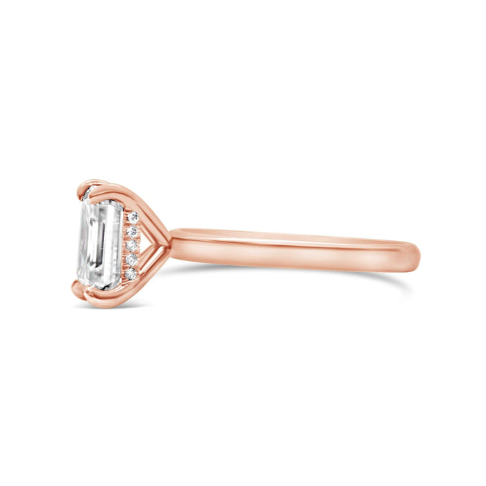 Rose | Emerald Moissanite 14K Rose Gold Engagement Ring - Diamond Daughters, Side View