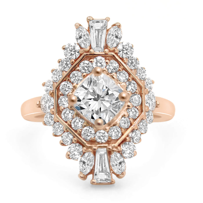 Sarah Belle| Cushion tapered baguettes, Marquee Cuts, and Round Brilliant Accent Diamonds 14K Yellow Gold Engagement Ring - Diamond Daughters, Front View