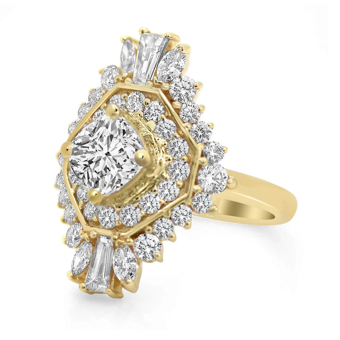 Sarah Belle Cushion Cut Tapered Baguettes, Marquee Cuts, Round Brilliant Accent Natural Diamonds 14K Yellow Gold Engagement Ring - Diamond Daughters, Front Side View