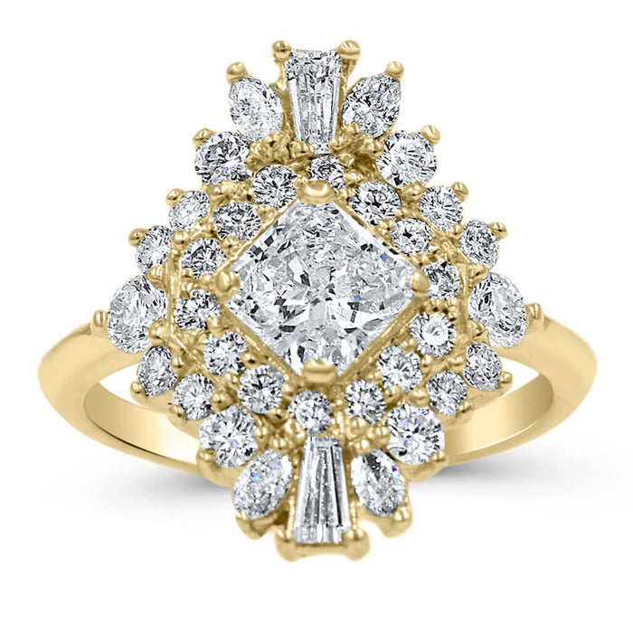 Sarah Belle| Radiant tapered baguettes, Marquee Cuts, and Round Brilliant Accent Diamonds 14K Yellow Gold  Engagement Ring - Diamond Daughters, Front View