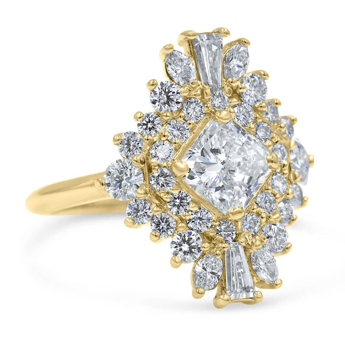 Sarah Belle| Radiant tapered baguettes, Marquee Cuts, and Round Brilliant Accent Diamonds 14K Yellow Gold  Engagement Ring - Diamond Daughters, Front Side View