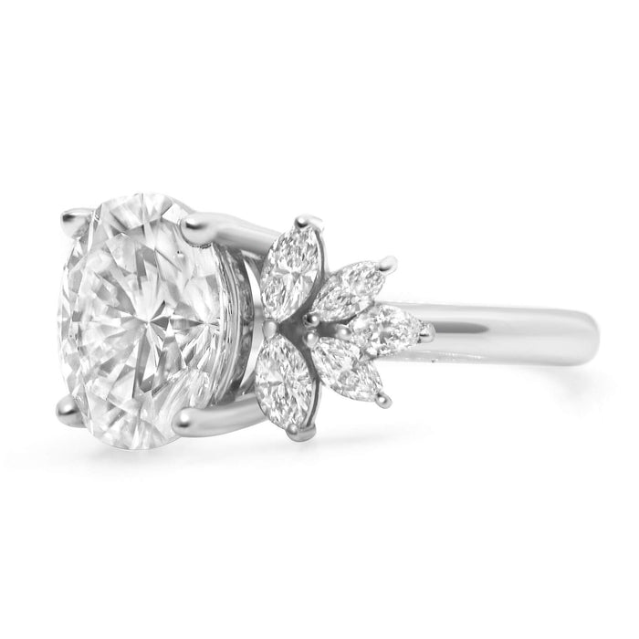 Trinity| Oval Moissanite Marquise Diamond 14K White Gold Engagement Ring - Diamond Daughters, Front Side View