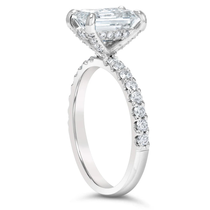 Vanessa | Emerald Cut Hidden Halo Pave Band 14K White Gold Engagement Ring - Diamond Daughters, Top Side View